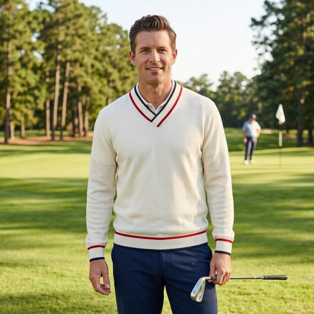 Arnold Palmer Golf Swingers‎ Robert Bruce Mens Vintage V-Neck Sweater Cream L